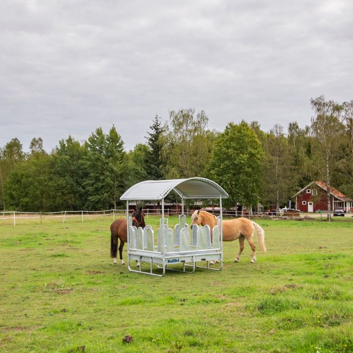 Katettu ruokintahäkki hevosille, peitetyt lapatuet